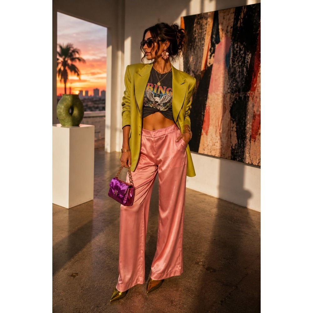 Donna Karan New York Pink Satin Wide Leg Trousers High Rise Pants Womens‎ 8